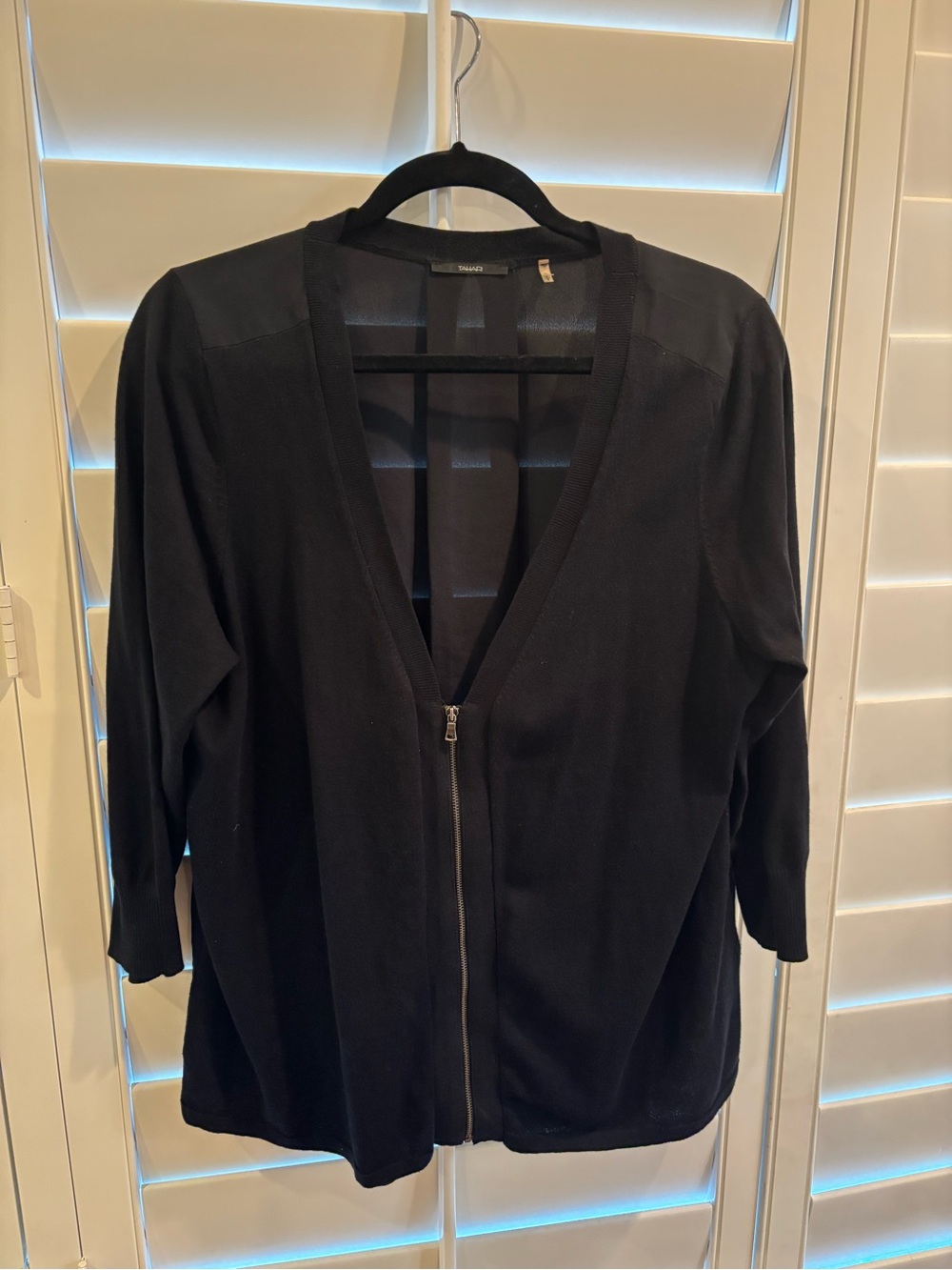 Black Zip-Front Cardigan with Chiffon Back